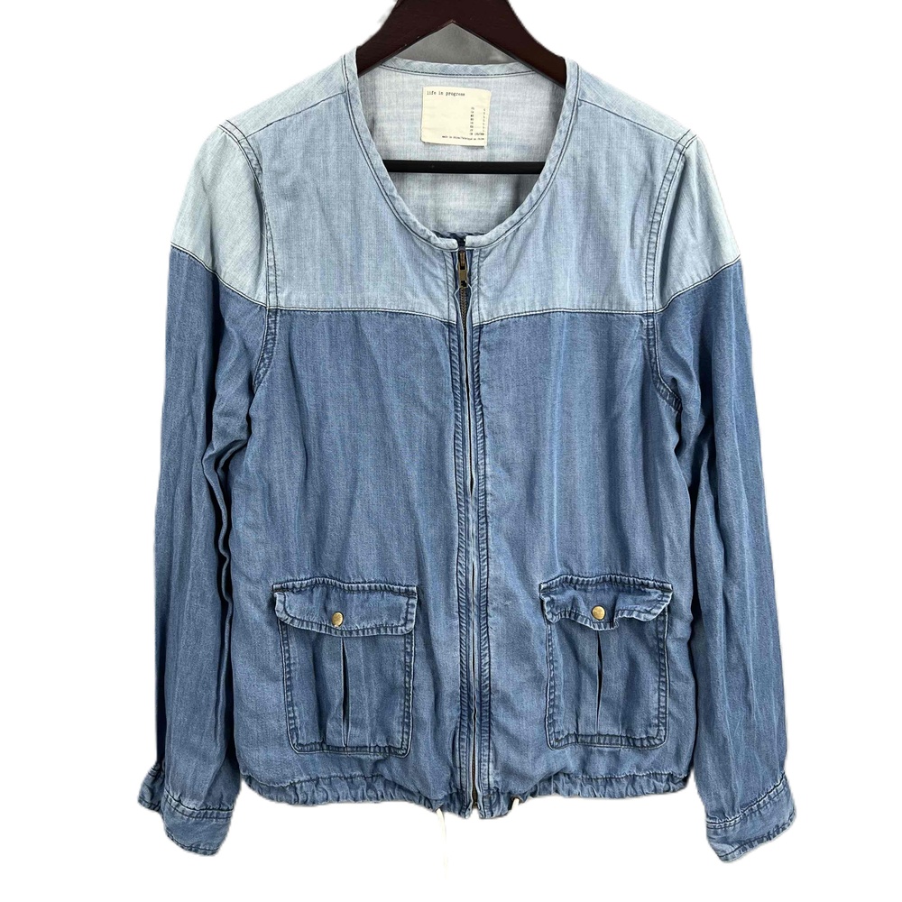 Life In Progress Jacket Blue Lightweight Denim Zip Front Colorblock Womens Large